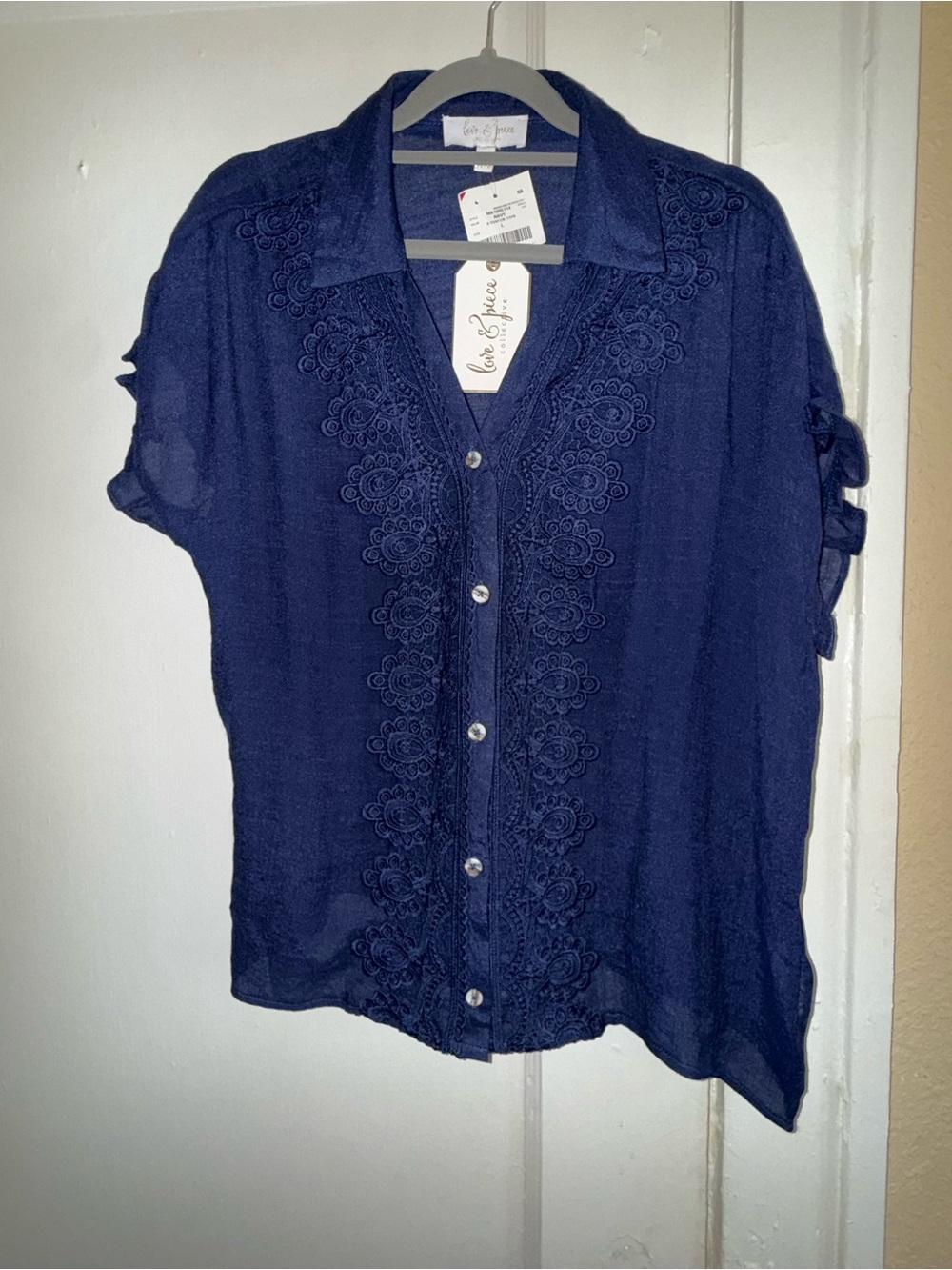 Boho Coastal Romantic Cute & Flirty Navy Embroidered Button-Front Blouse